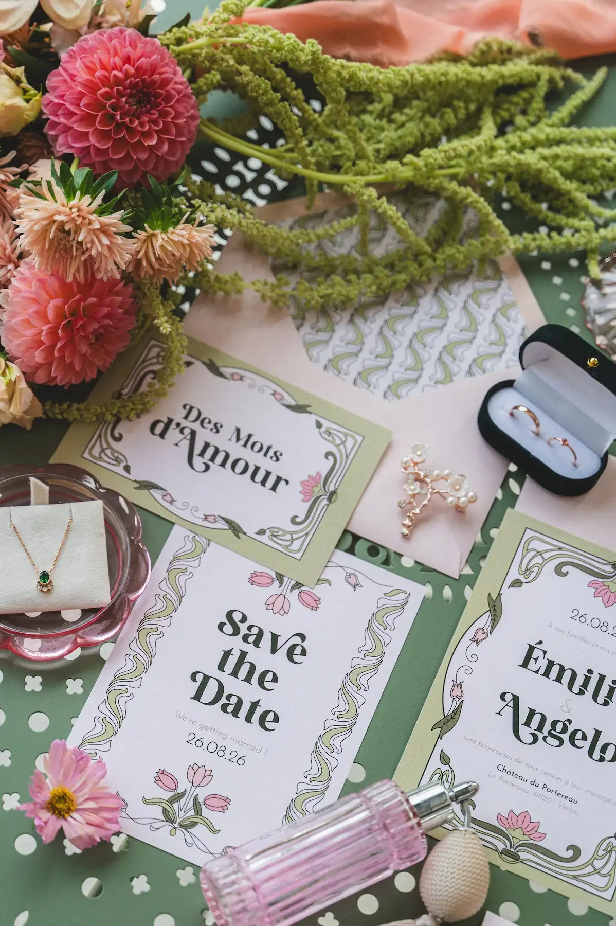 Mise en scène élégante d'accessoires de mariage sur une table en fer verte, incluant de la papeterie dont le faire-part d’Emilie et Angelo, le Save-the-Date, une carte postale, des alliances dans un écrin, un collier serti d’un pierre verte, une broche doré, un parfum rose et un bouquet de fleurs roses et vertes.