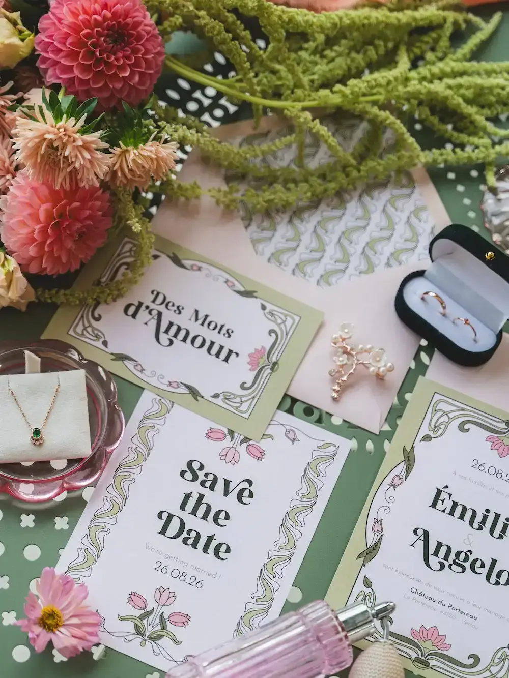 Mise en scène élégante d'accessoires de mariage sur une table en fer verte, incluant de la papeterie dont le faire-part d’Emilie et Angelo, le Save-the-Date, une carte postale, des alliances dans un écrin, un collier serti d’un pierre verte, une broche doré, un parfum rose et un bouquet de fleurs roses et vertes.